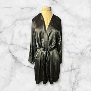 Jones New York Black Satin Lace trimmed belted  Robe Loungewear Lingerie  S/M